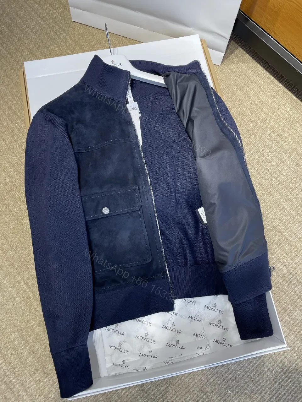 View 9 of Navy Suede-Texture Hybrid Jacket with Knit Sleeves