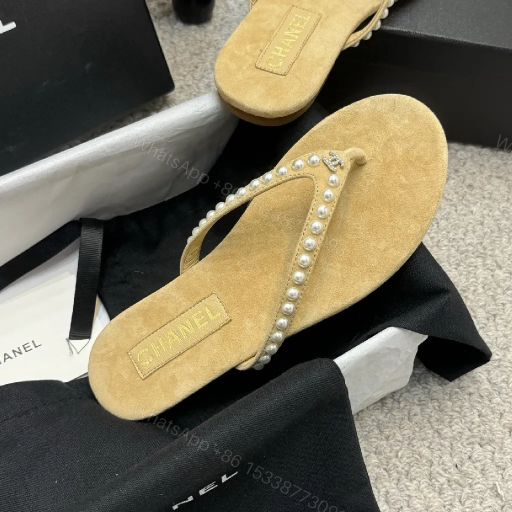 View 4 of Pearl-Trim Sandals: Suede Footbed, Beaded Straps, Beige Leather