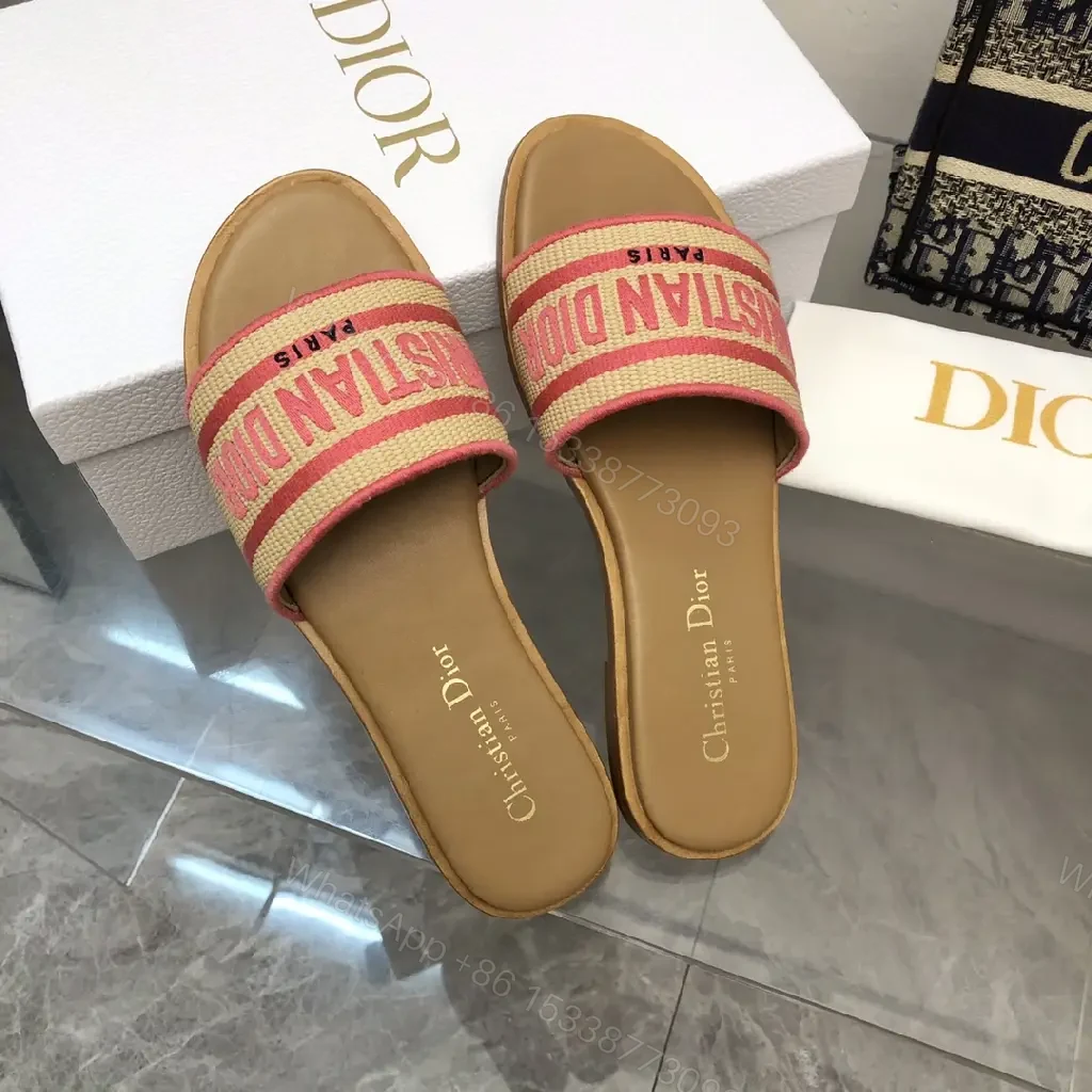 View 2 of Red Striped Straw Summer Sandals with Dior Logo Sliders