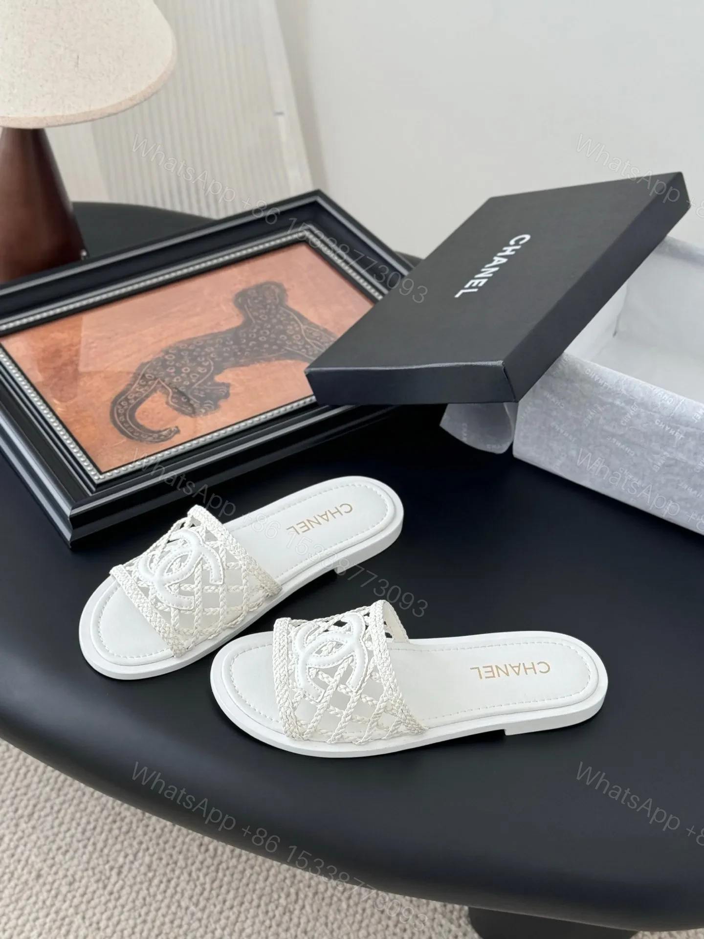 View 2 of Chanel Women White Woven Leather Slides