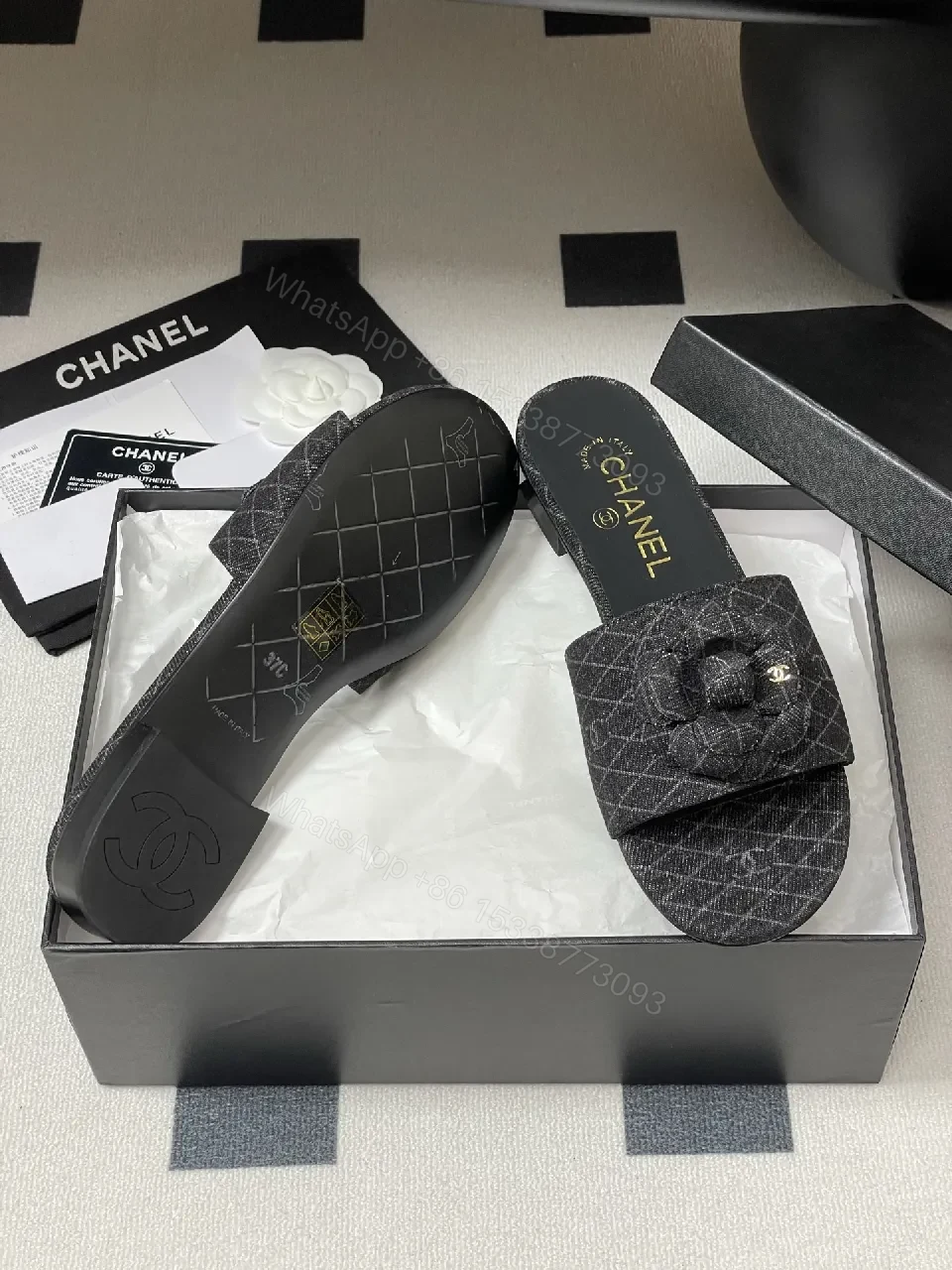 View 3 of Quilted Tweed Slides with Camellia Charm, Open-Back Luxury