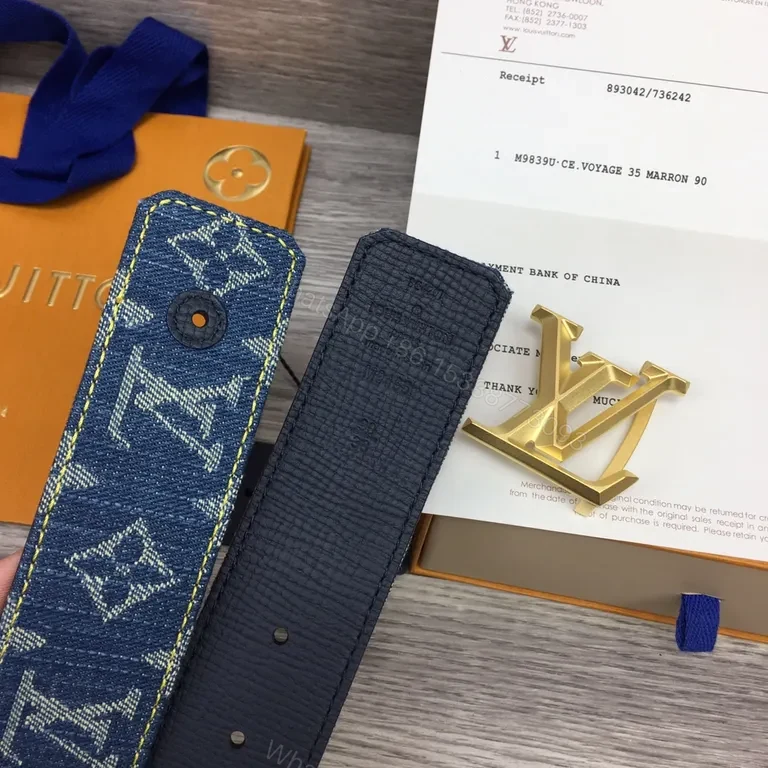 View 3 of Denim Monogram Belt with Gold LV Buckle - Luxury Accessory