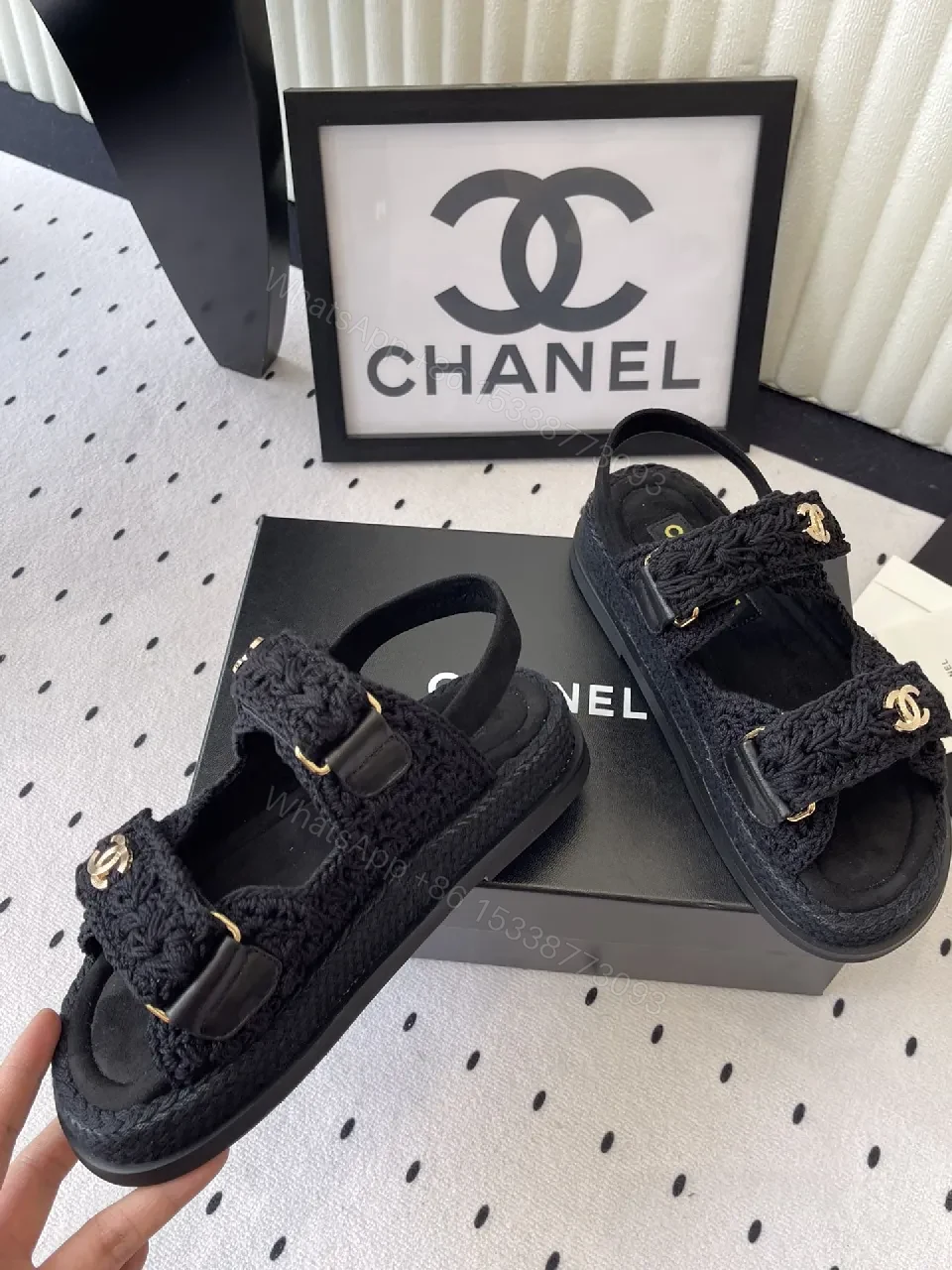 View 6 of Lux Knit Sandals: Black Knit + Gold Emblem, Open-Toe Comfort