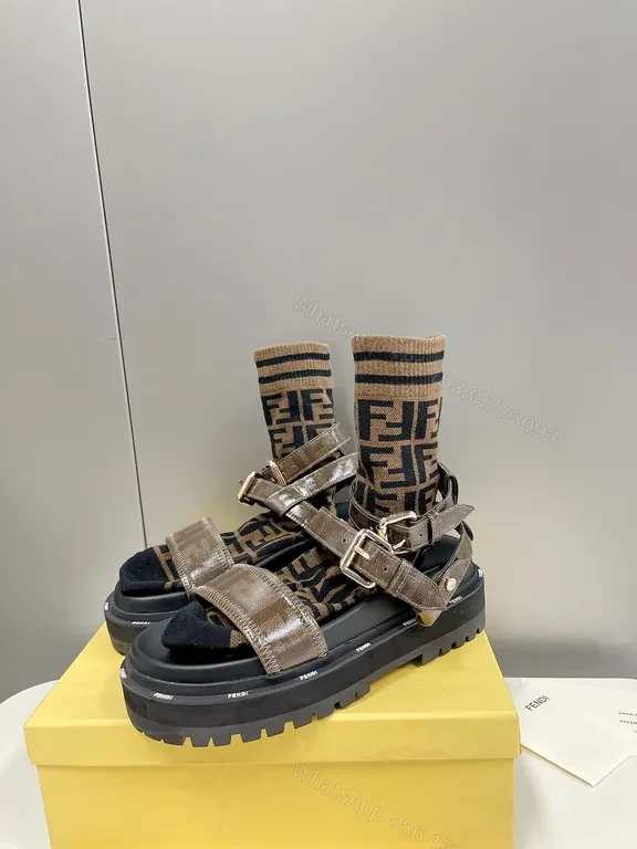 View 9 of Brown Leather Sandals + Fendi Logo Pattern + Slide + Adjustable Buckle + Sandals