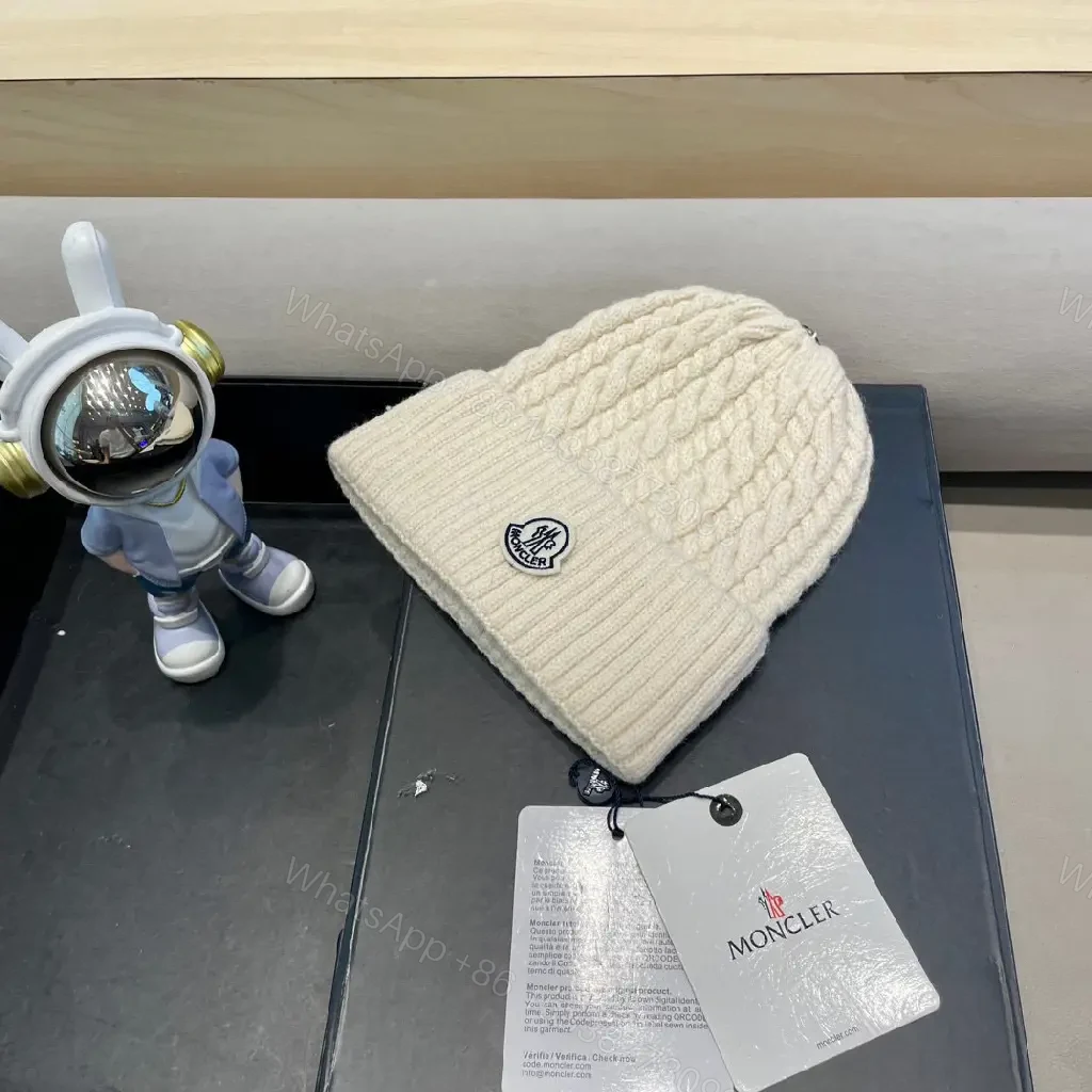 View 4 of Cream Knit Beanie | Wool Blend | Cable Knit | Moncler Emblem Gifted Luxury
