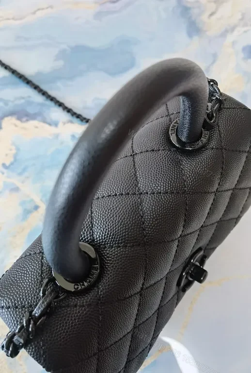 View 4 of Chic Quilted Black Leather Handbag with CC Hardware