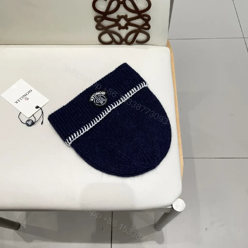 View 9 of Navy Knit Beanie with Contrast Stitch, Fold-Over Cuff