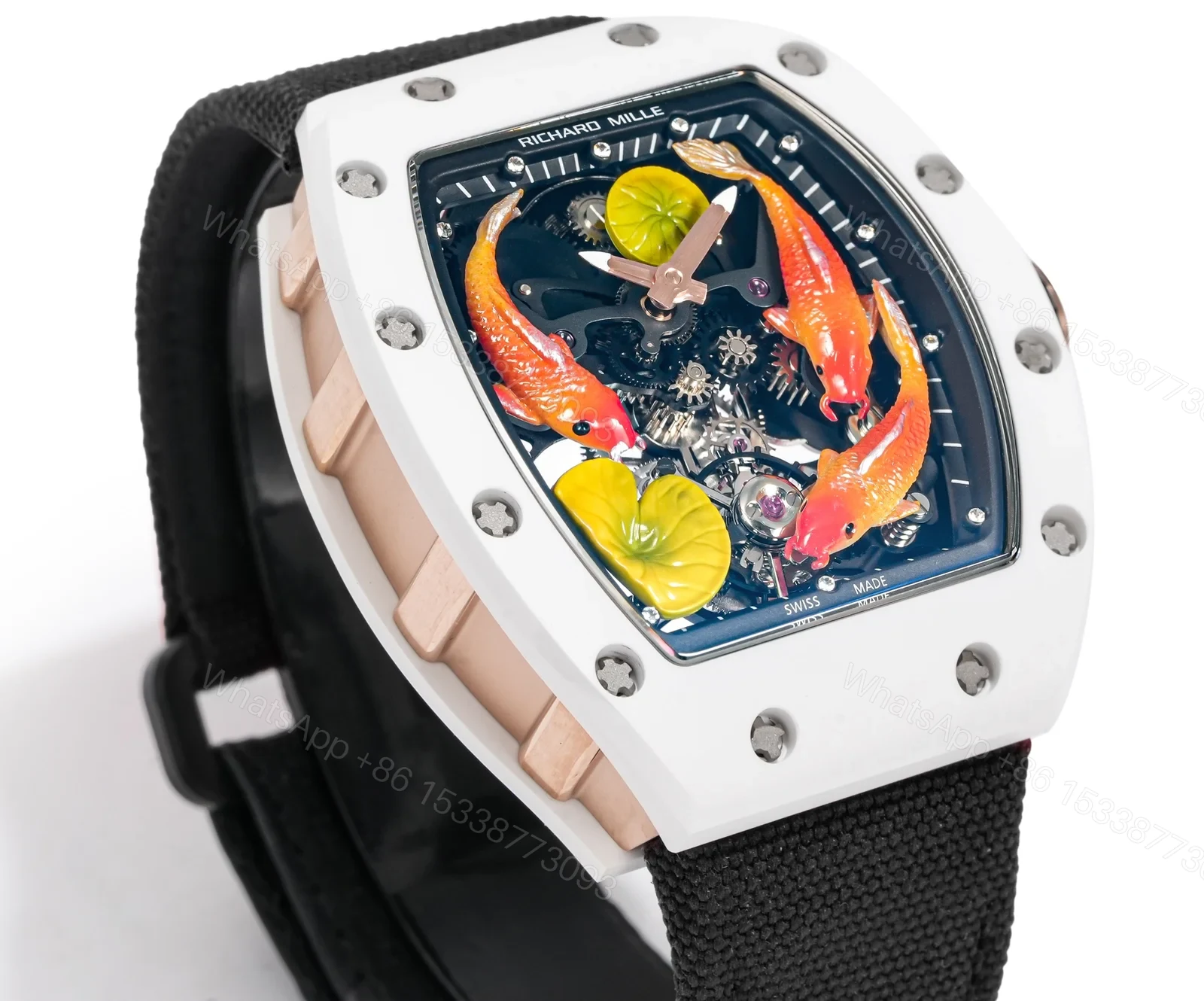 View 4 of Richard Mille RM S10 Koi Tourbillon Watch Black Strap Colorful Skeleton Dial Red Gold Diamond Koi Art Mechanical Edition RM-S10-KOI-BLS-CFD