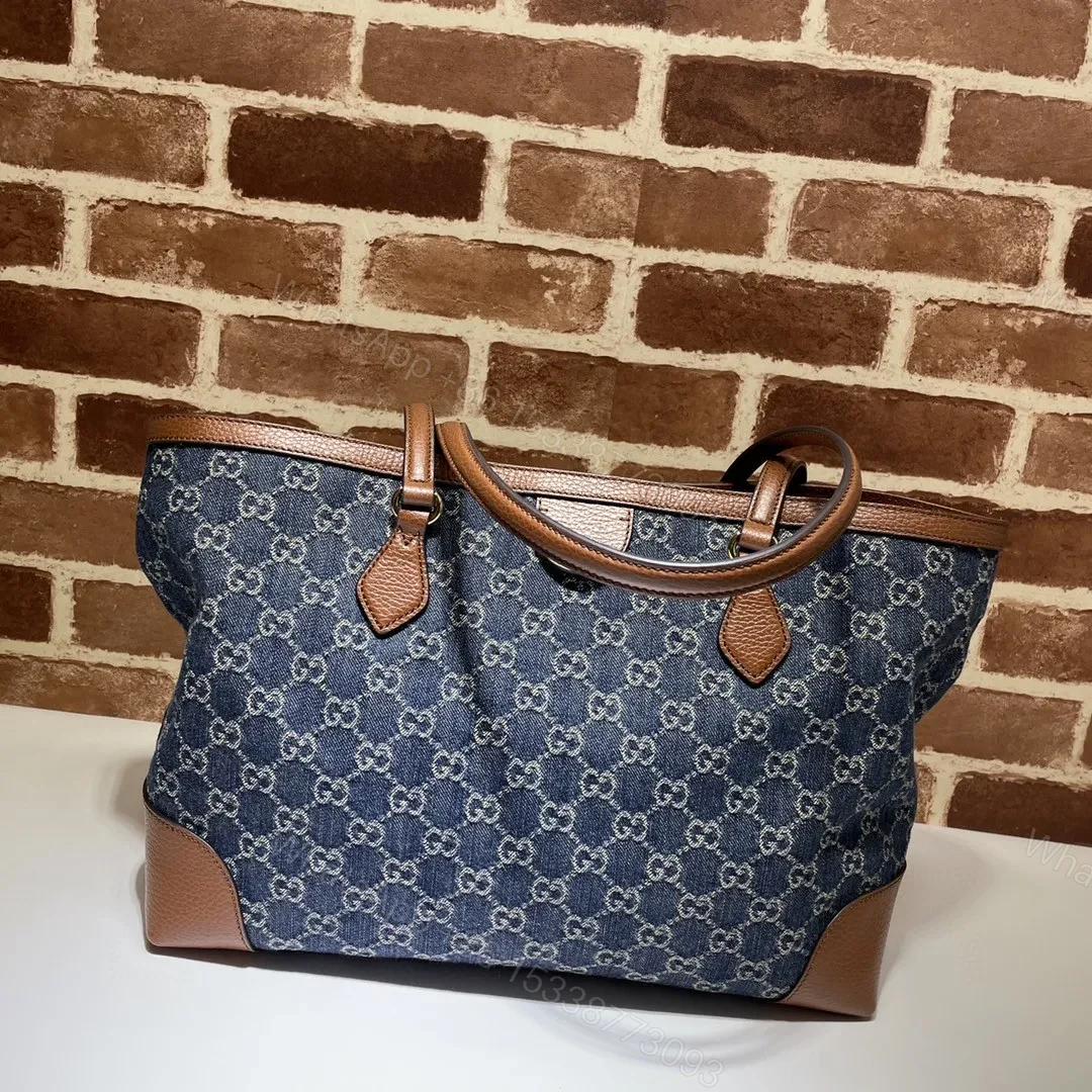 View 3 of Gucci Medium Tote GG Denim Bag Brown Navy blue Leather