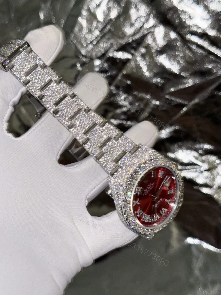 View 2 of Datejust Supreme 41mm Super Clone Red Dial Custom Moissanite Diamonds