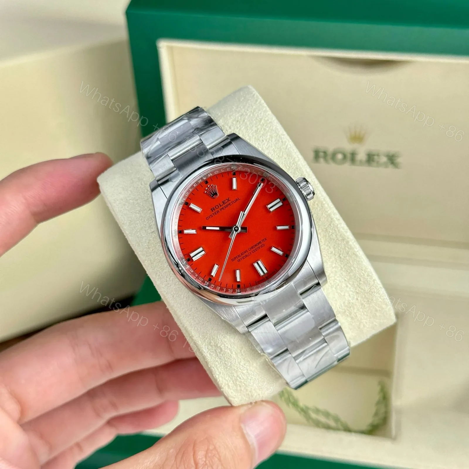 View 2 of Replica Rolex Oyster Perpetual Lady Coral Red Dial 126000 36 mm