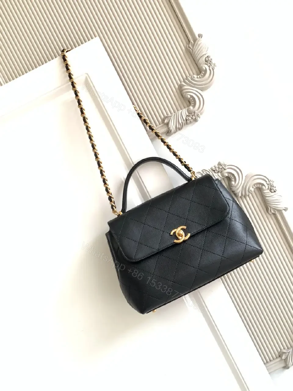 View 10 of Compact Quilted Black Leather Flap Bag with Chain Strap