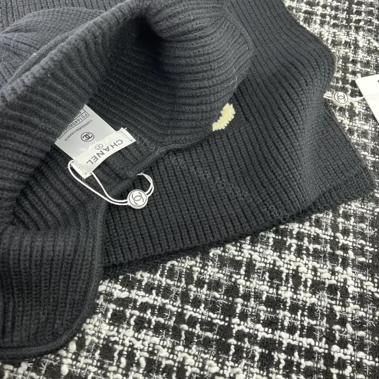 View 4 of Chanel Knit Set: Black & Cream, Signature Logo Hat & Scarf