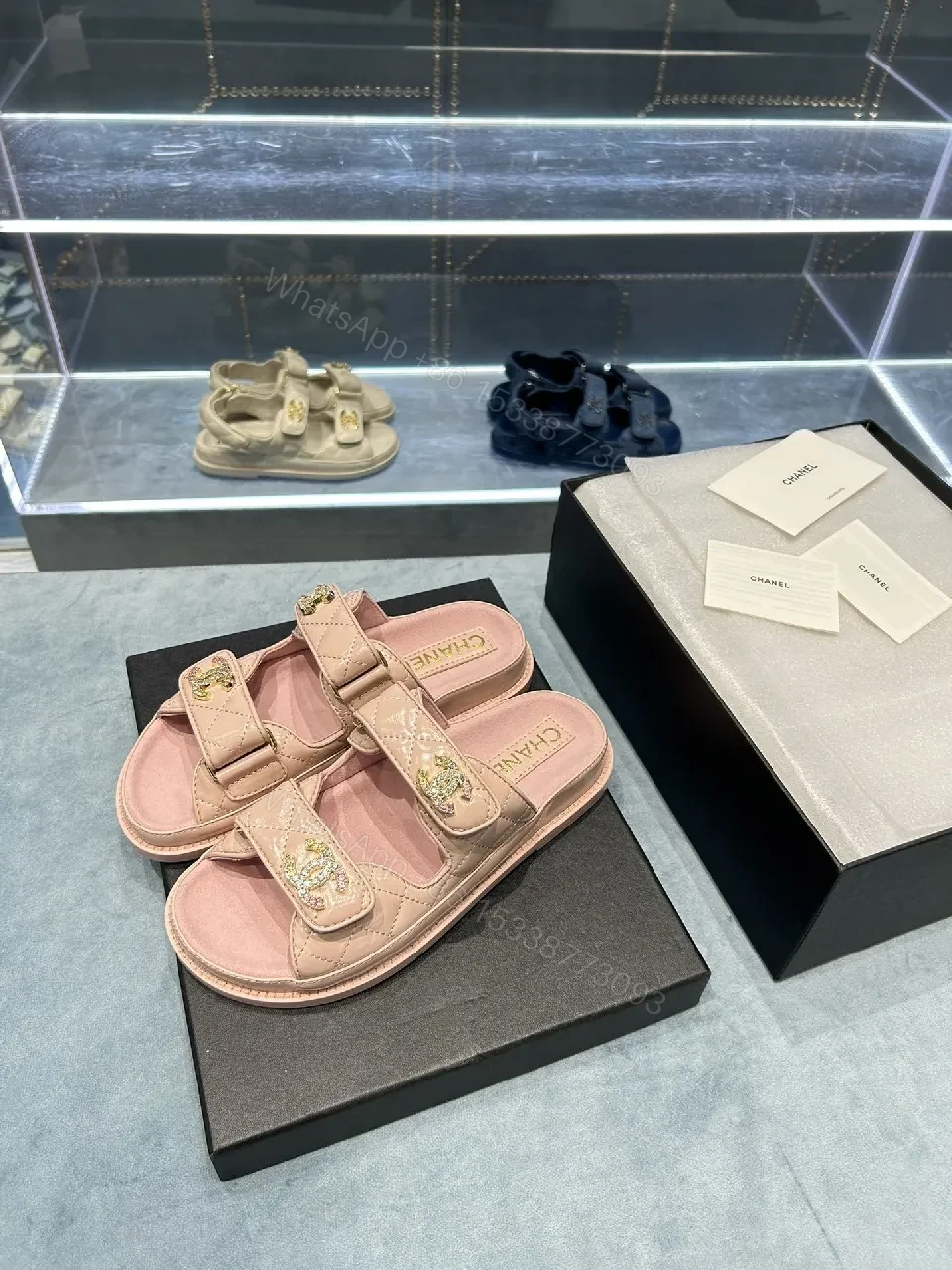 View 9 of Soft Pink Quilted Sandals with Crystal Straps - All-Day Comfort