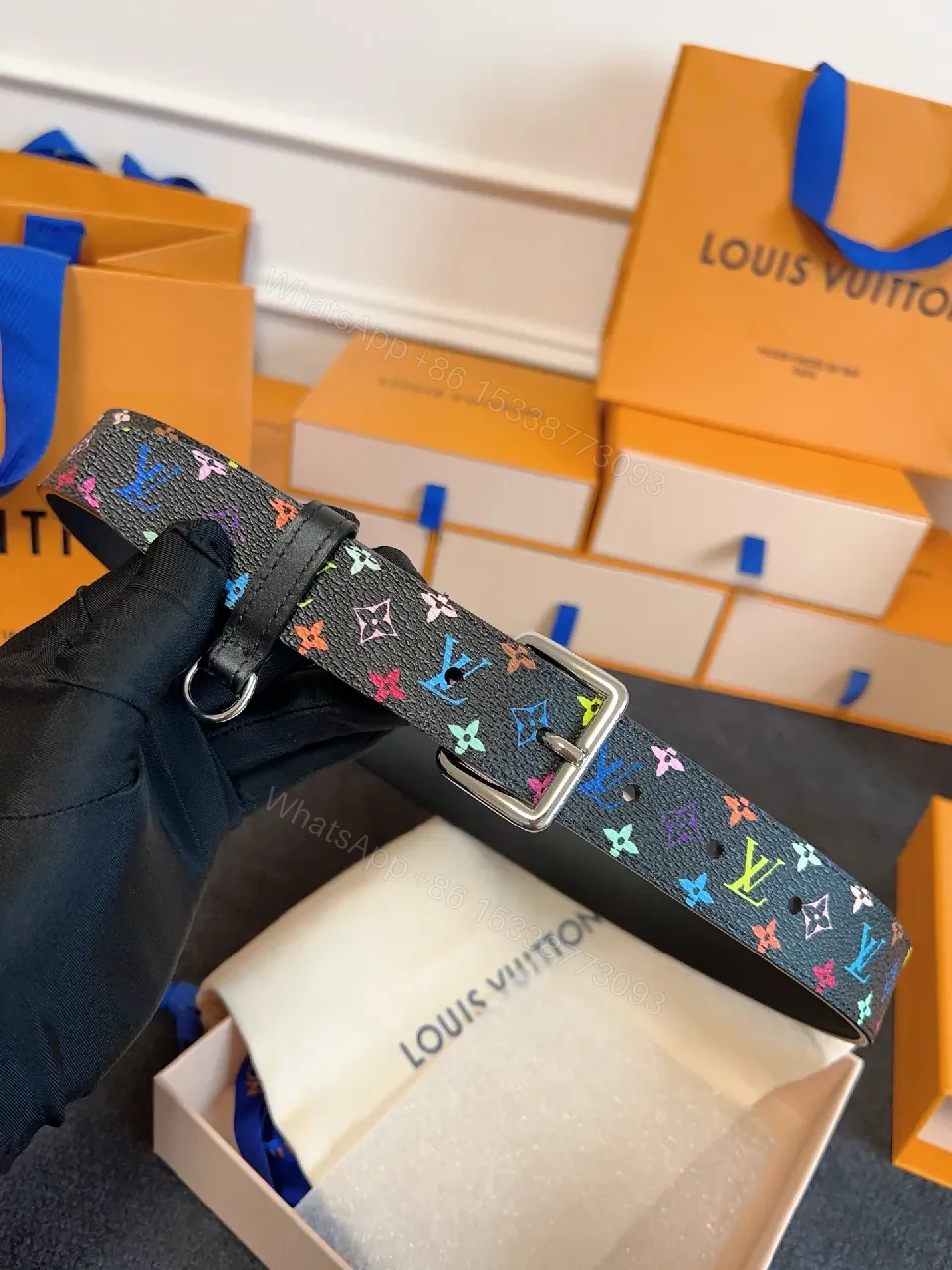 View 7 of Bold Multicolor LV-Inspired Belt: Rainbow Monogram Accessory