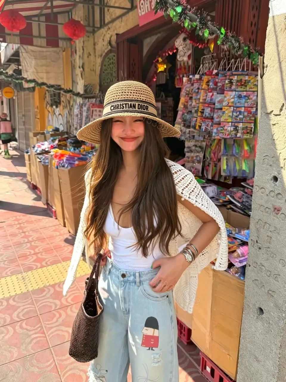 View 3 of Natural Tan Straw Hat • Crochet Lattice Texture • Boater Style • Wide Brim Sun Hat with Dior Band • Product Type: Hat