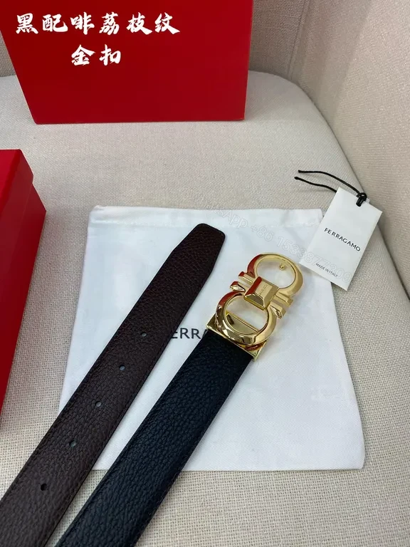 View 6 of Bold Texture Black Leather Belt with Gold Ferragamo Hardware