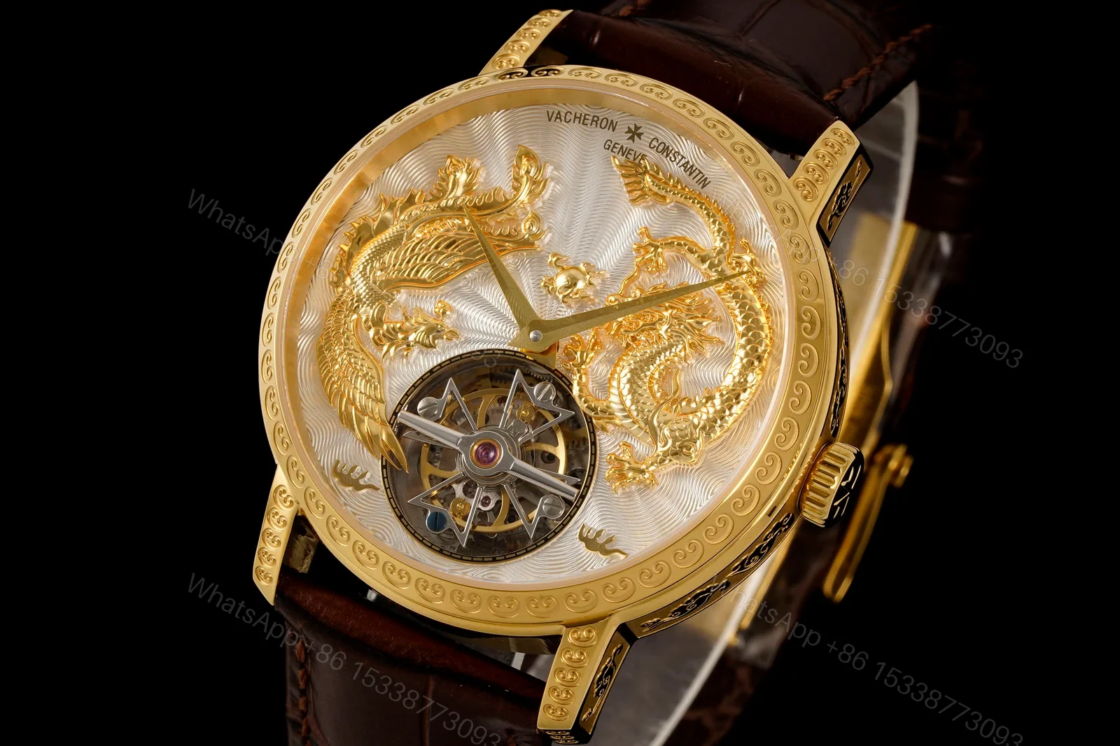 View 2 of Vacheron Constantin Dragon Replica 41MM Premium Gold Case Brown Leather Strap Tourbillon Edition RG-VC-DRAGON-GOLD-41
