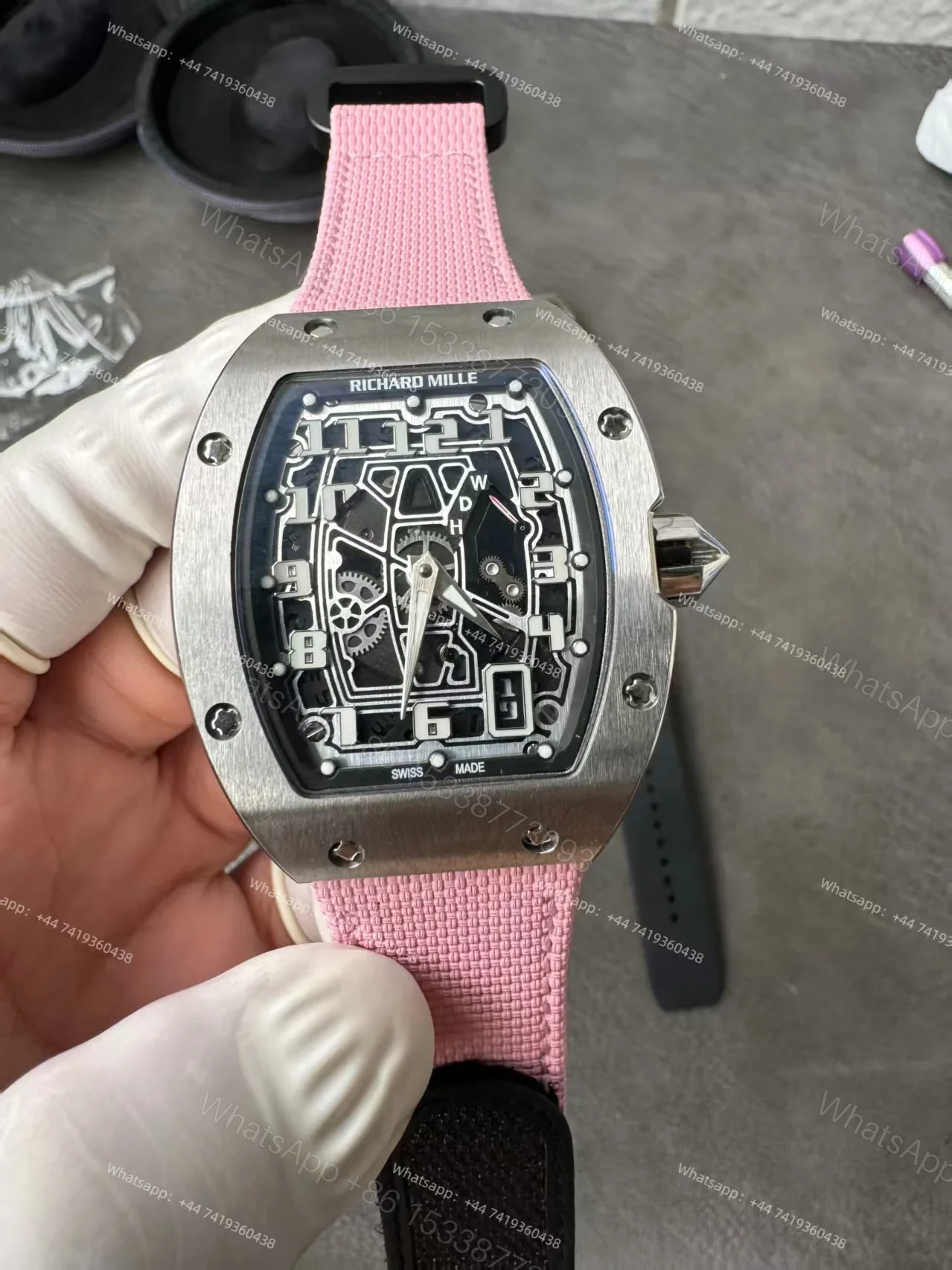 Super Clone Richard Mille RM 67-01 Titanium Skeleton Pink Velcro Strap — view 1