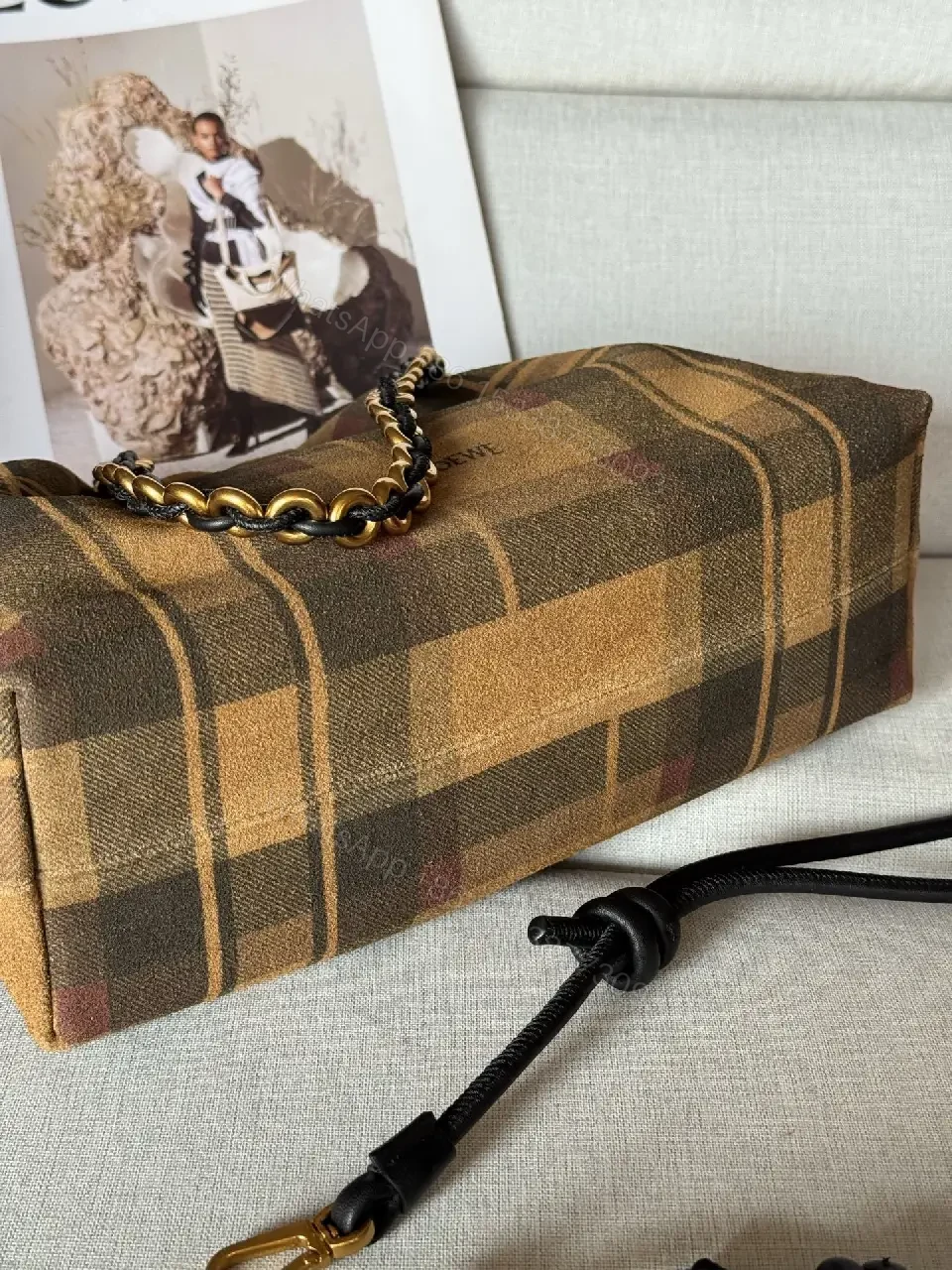 View 6 of Brown Plaid Leather-Trim Shoulder Bag with Chain Detail