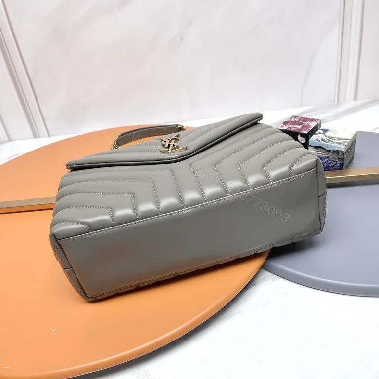 View 3 of Chic Quilted Gray Leather Flap Bag with YSL Gold Monogram