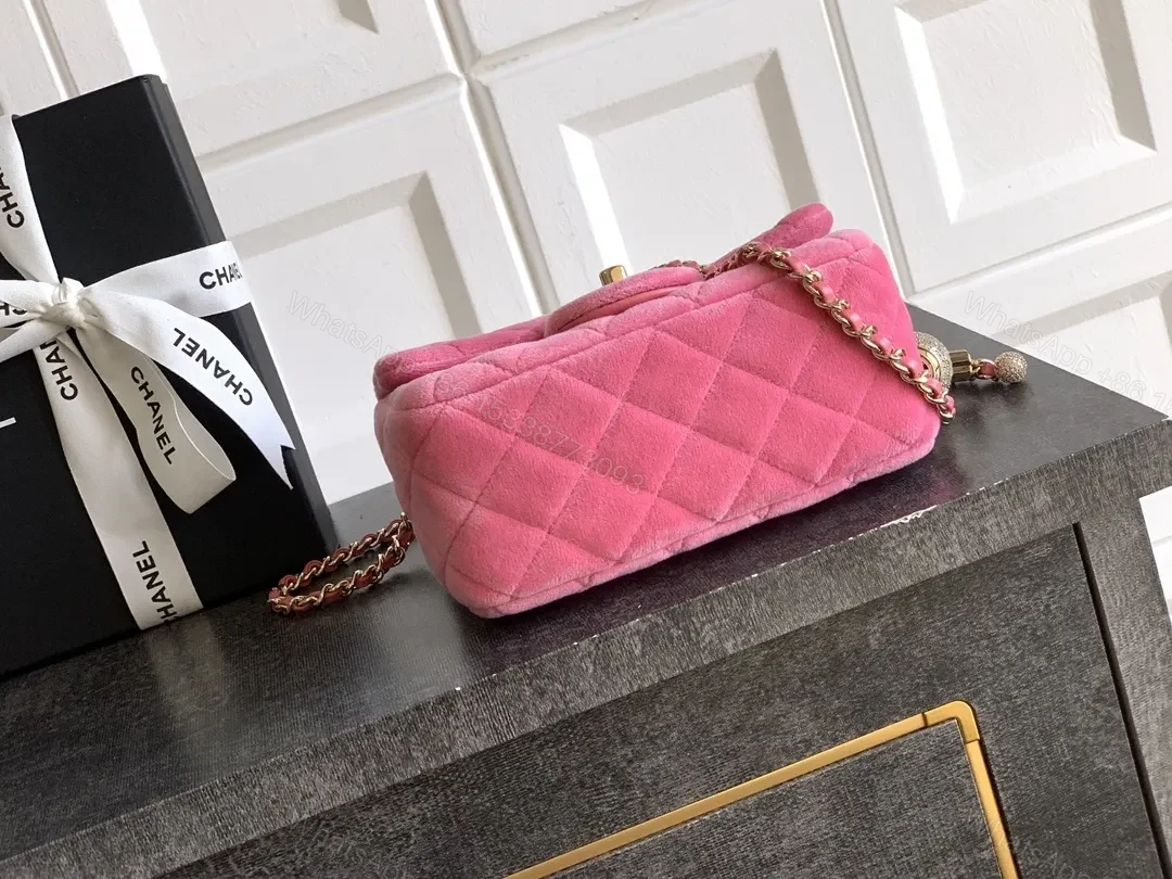 View 4 of Pink Velvet Quilted Flap Bag with Gold Hardware