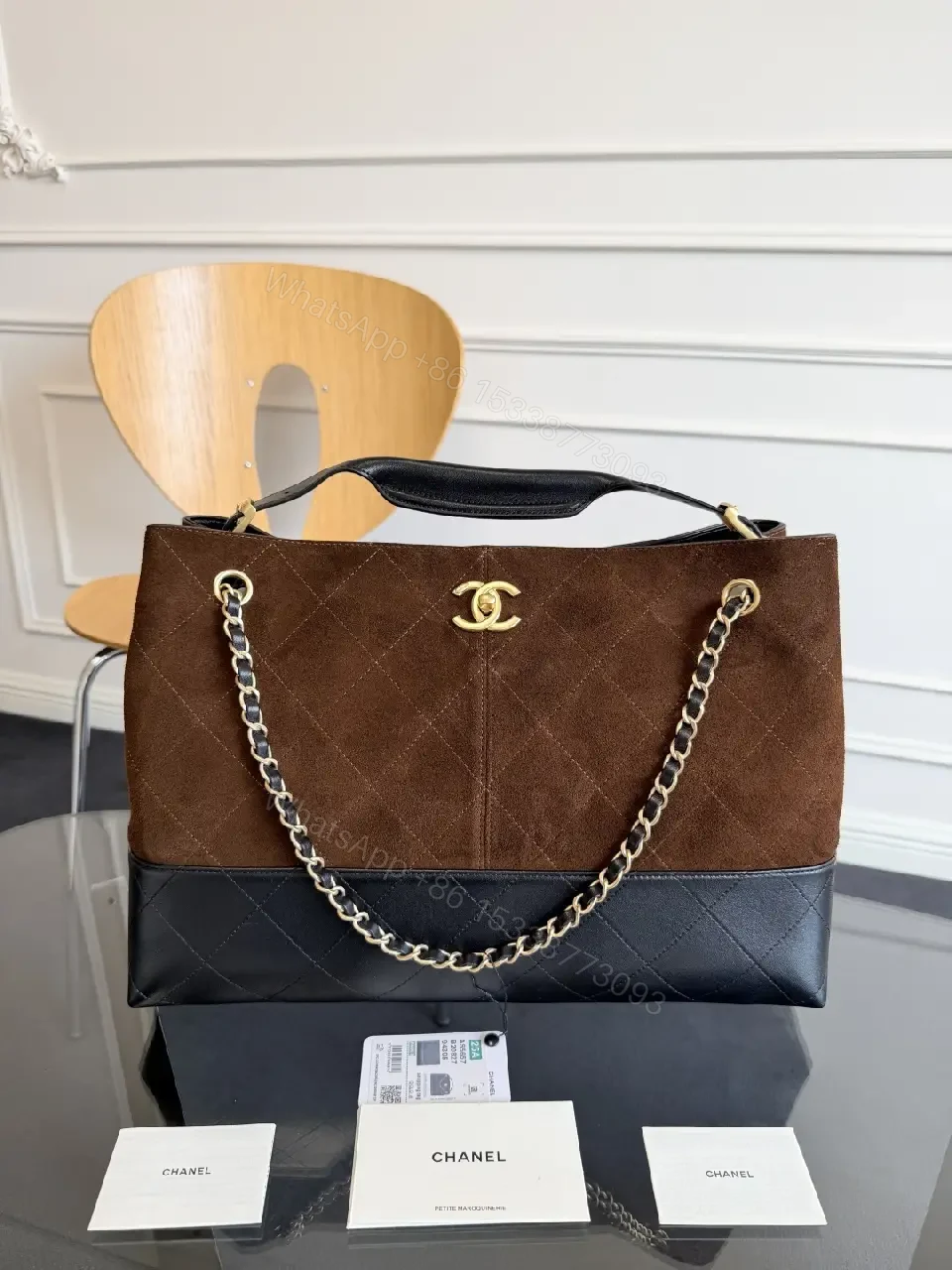 View 14 of Two-Tone Quilted Tote with Chain Accent