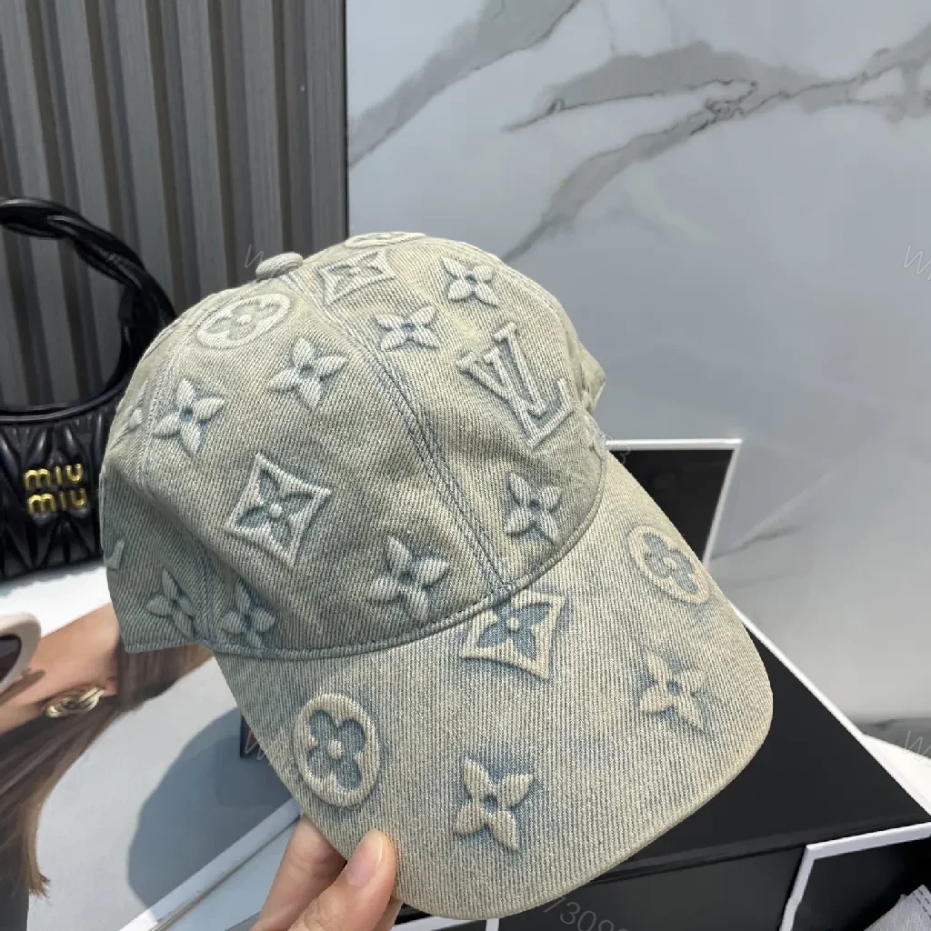View 6 of Denim-Texture Cap: Luxe Monogram, Curved Brim, All-Day Comfort