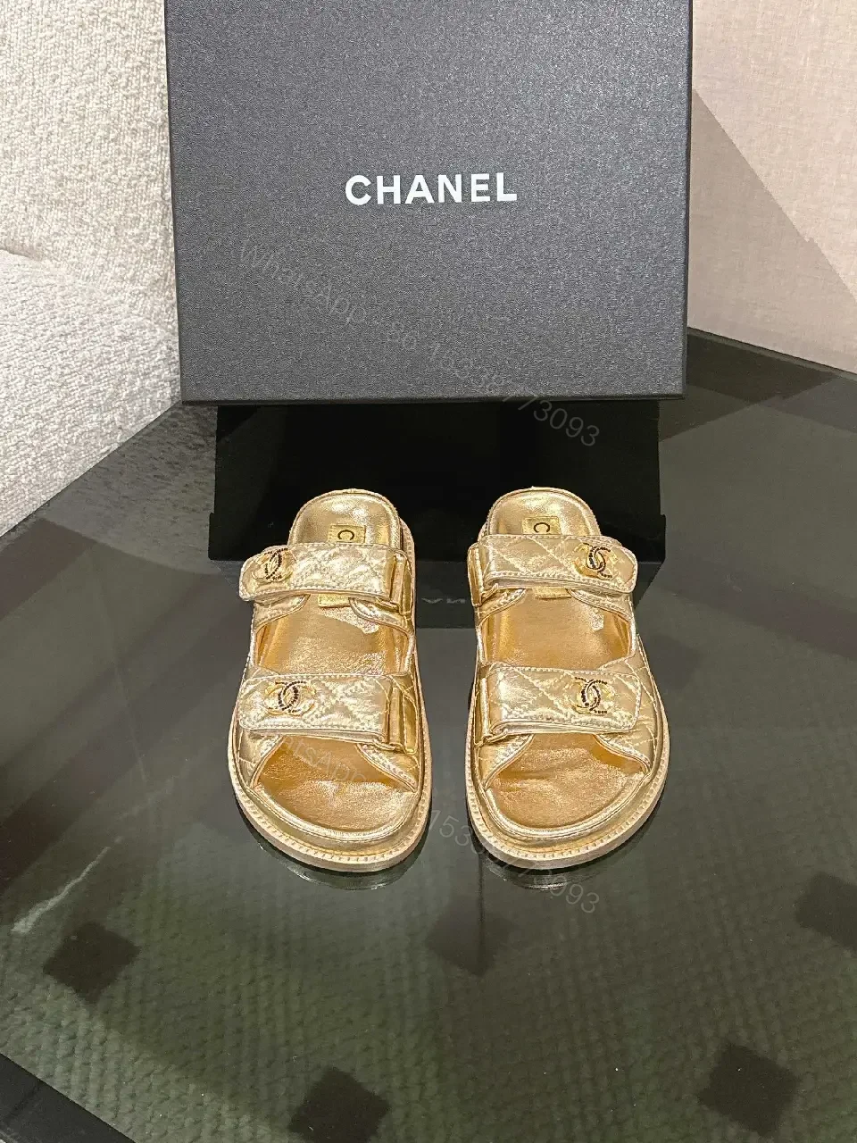 View 9 of Gold-Tone Leather Slides with Double Straps, Luxury Everyday Comfort