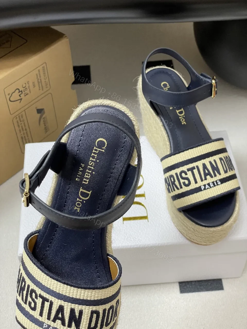 View 2 of Navy Leather Espadrille Wedge Sandals - Bold Luxe Style