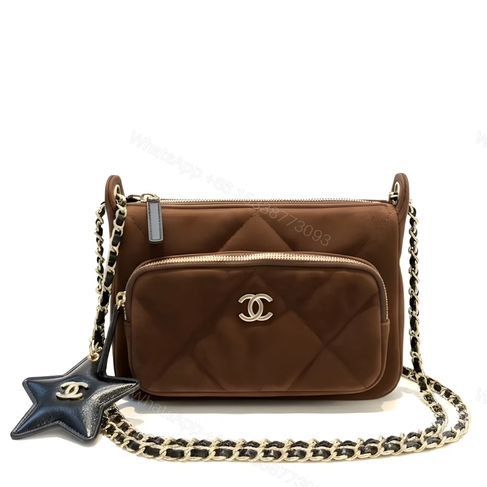 Chanel Clutch With Strap Velvet Effect Nylon Glossy Wrinkled And Gold Metallic Brown 20Cm — view 1