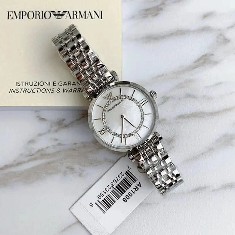 First Copy Emporio Armani Silver White Dial Roman Marker Diamond Bezel Women’s Analog Watch — view 1