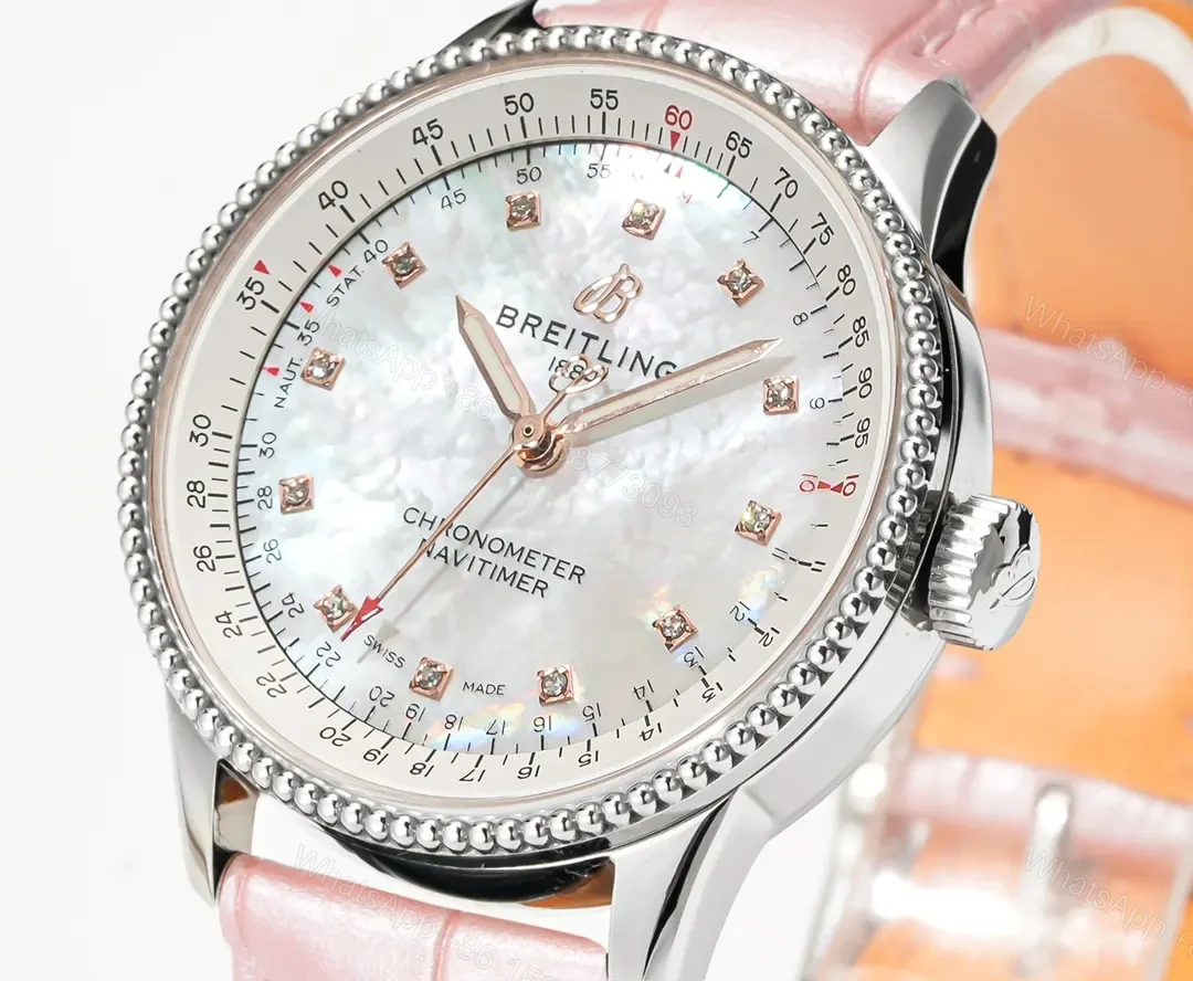 View 4 of OM Factory Breitling Women’s Navitimer Automatic Watch – Pink Leather Strap, White Pearl Dial, Diamond Bezel