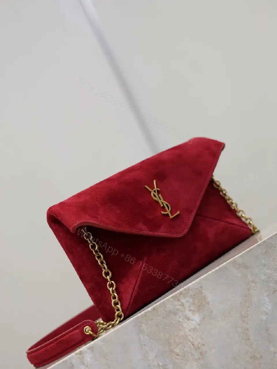 View 6 of Red Velvet Clutch with Gold-Tone Envelope Charm