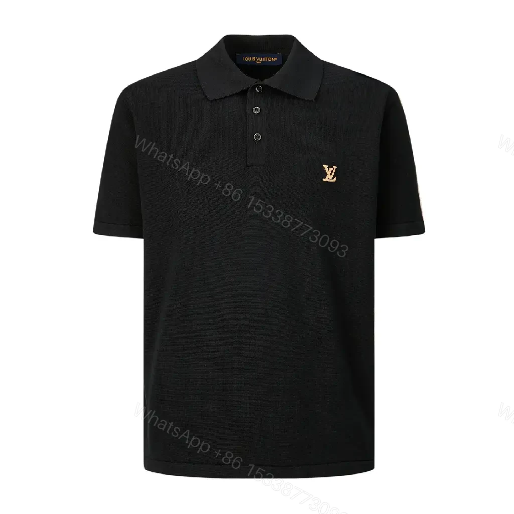 View 10 of Polished Polo Tee: Black Knit with Gold Crest Polo Shirt