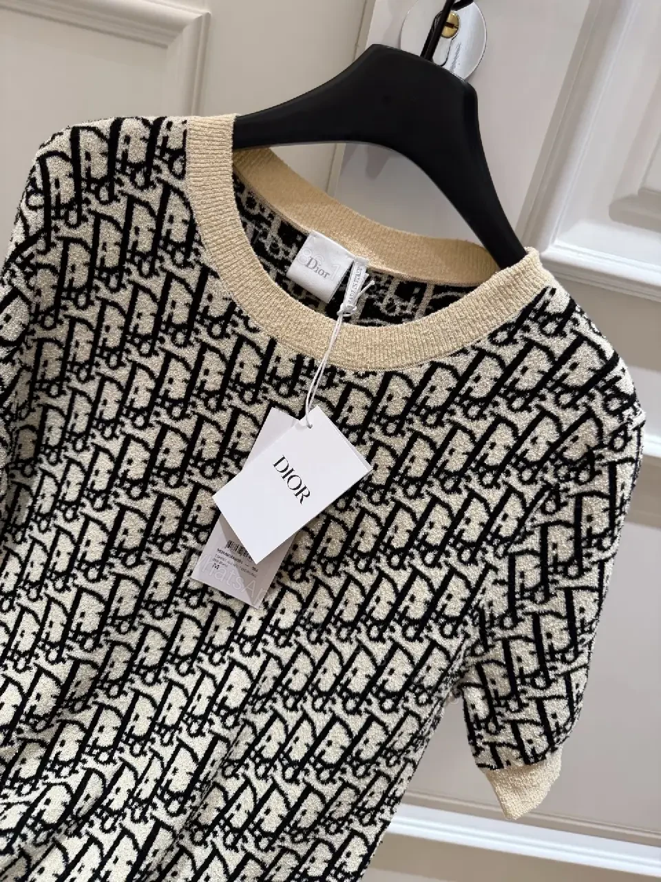 View 3 of BeigeBlack Knit Dress with Dior Monogram TrimShort Sleeves Dress