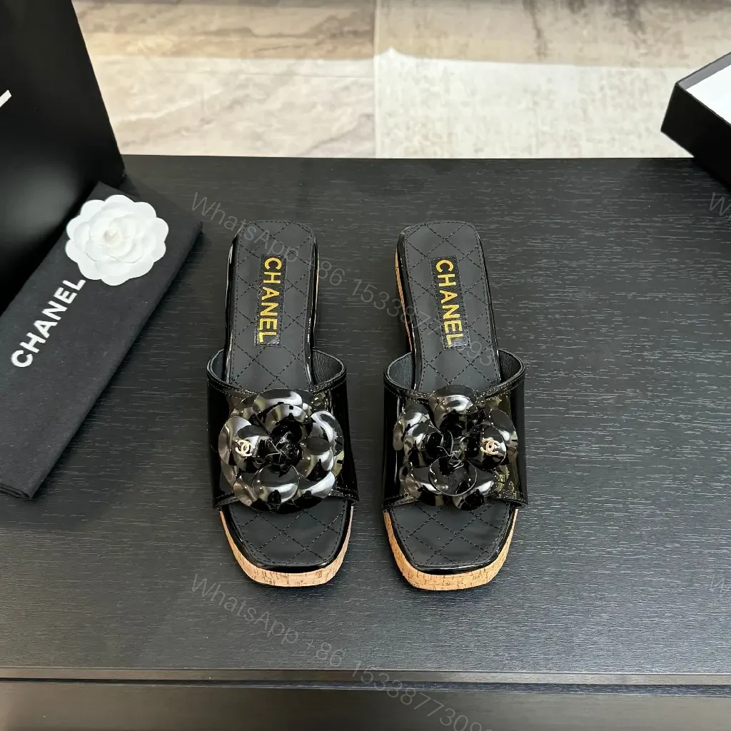 View 2 of Patent Floral Crossover Slide with Cork Platform
