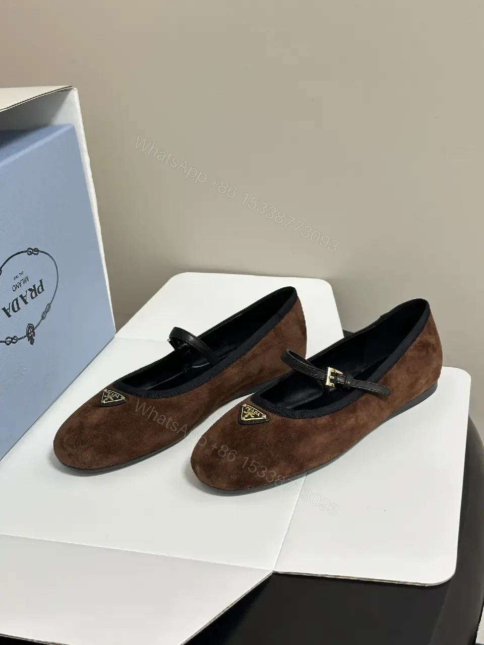 View 6 of Brown Suede Mary Jane Flats Black Trim Classic Prada-Style Logo Shoe