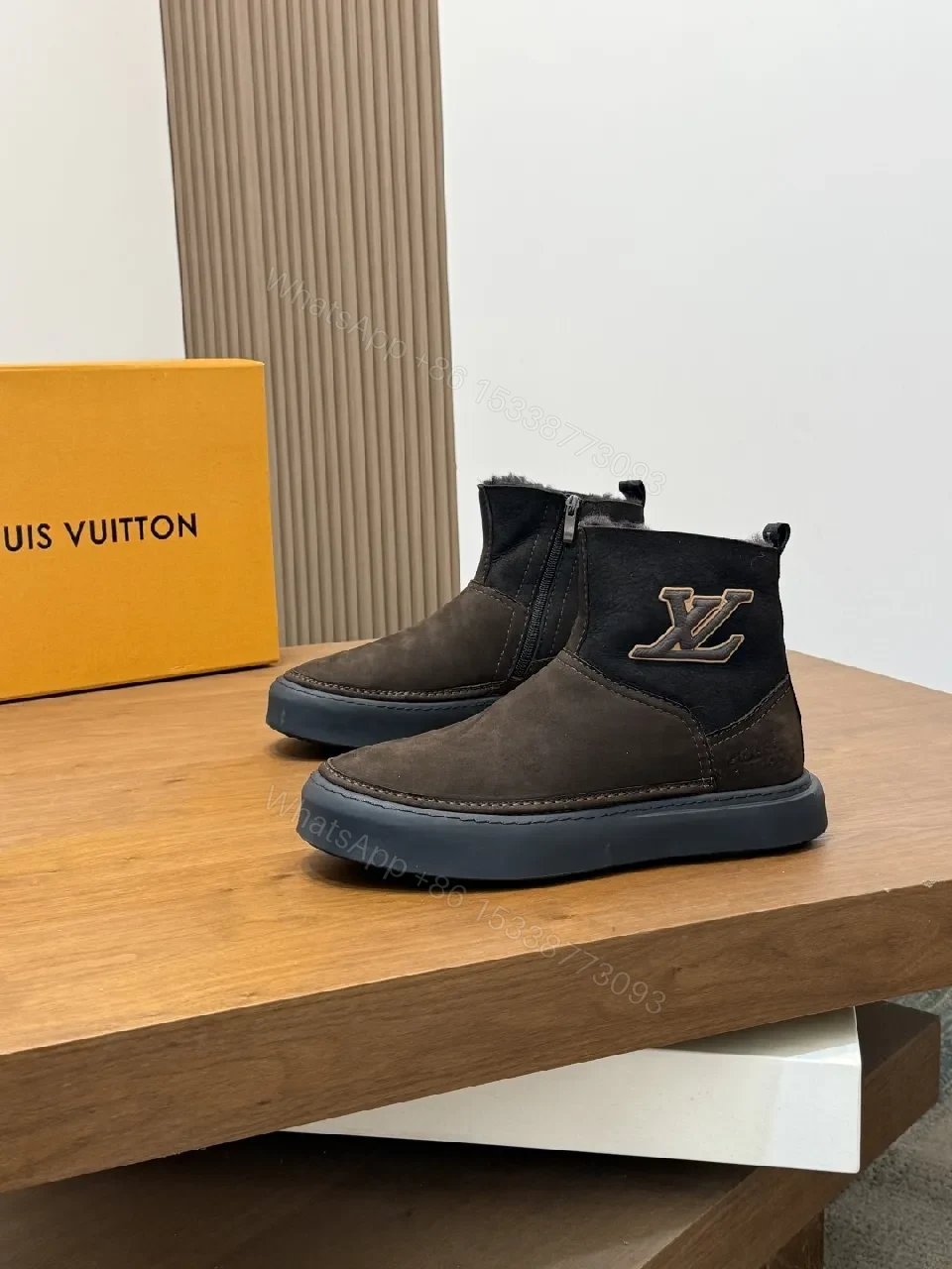 View 5 of Textured Suede Chelsea Boot with Monogram Accent, Shearling Interior