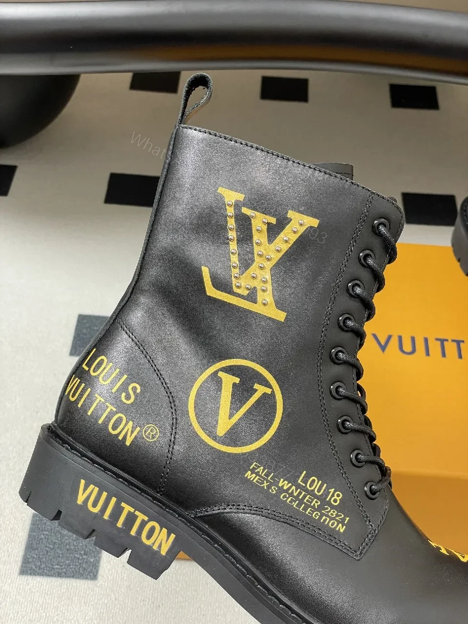 View 6 of Bold Black Combat Boots with Gold Detailing: All-Day Comfort