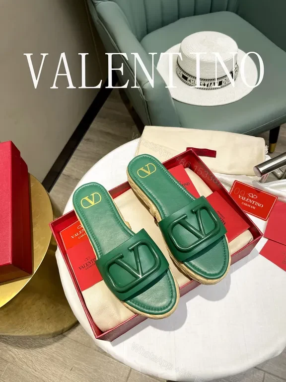 Valentino Garavani Green Leather Slides with V Buckle — view 1