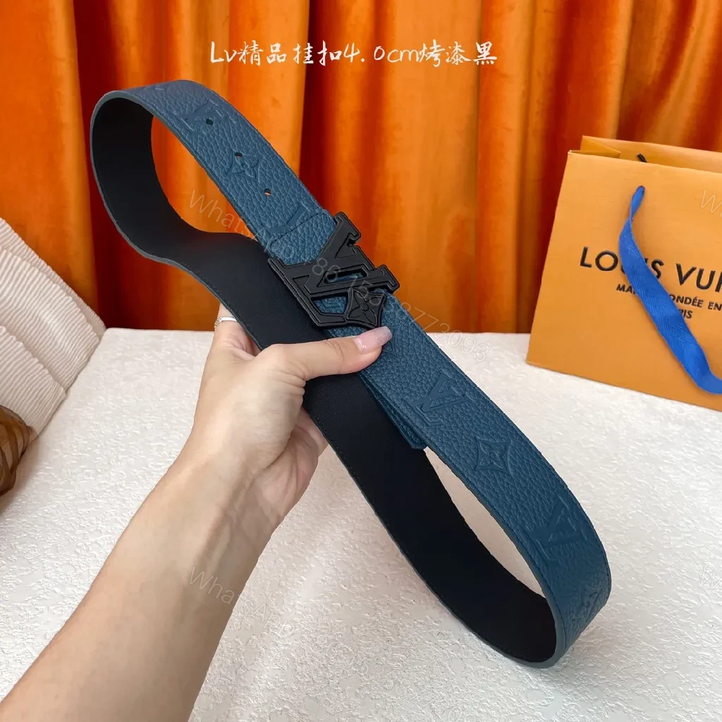 View 3 of Blue Leather Belt with Iconic Hardware—Monogram Texture, Durable Comfort