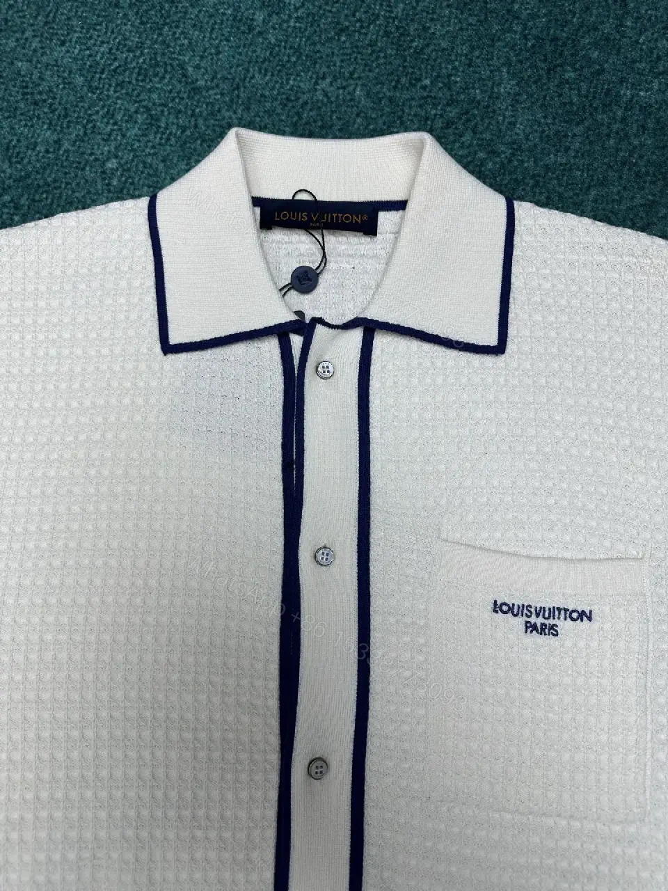 View 9 of Off-White Shirt Textured Weave Navy Piping Pocket Logo Button-Up