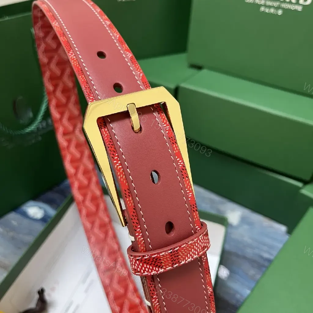 View 5 of Chic Red Leather Belt in Gold with Signature Pattern (60)