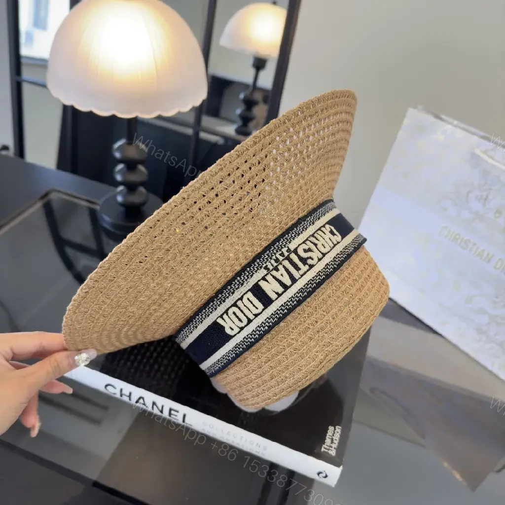 View 5 of Natural Straw Boater Hat with Ribbon Brand Stripe - Dior Inspired