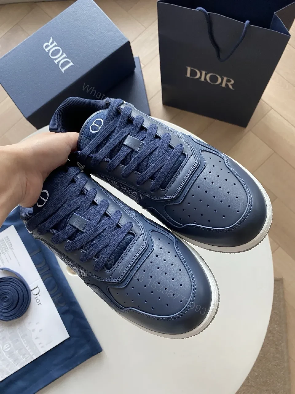 View 8 of Navy Leather Dior-Style Monogram Sneaker with Textured Panels