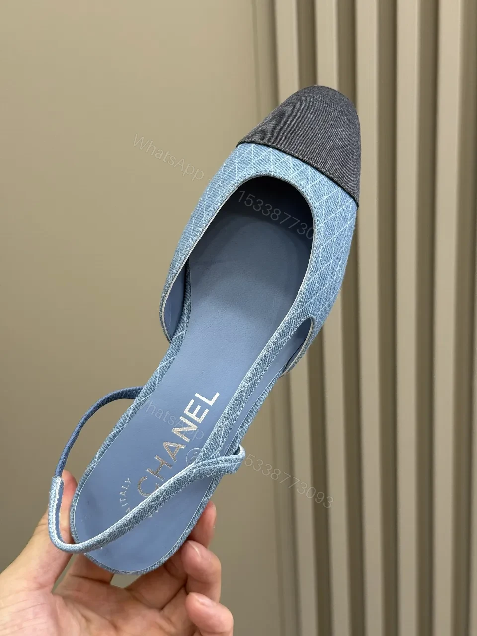 View 5 of Denim Slingback Heels: Geometric Stitching, Mid-Block Heel