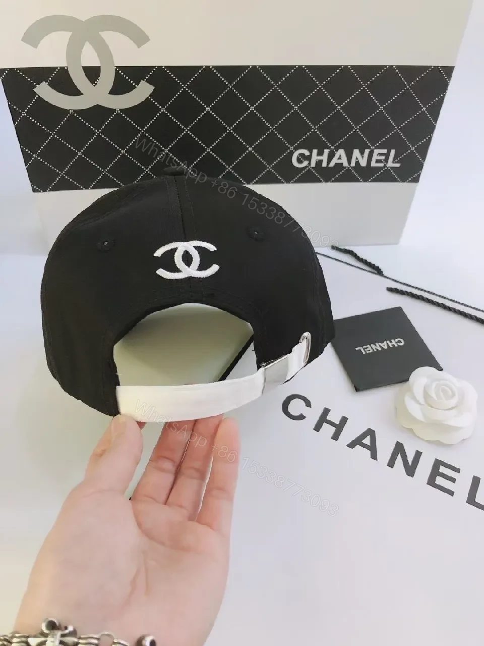 View 6 of Black/White Cotton Cap – Minimalist Luxe with Contrast Stitching, Adjustable Back