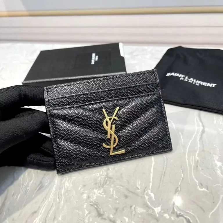 Sleek Black Quilted Leather Cardholder with Gold YSL Logo — view 1