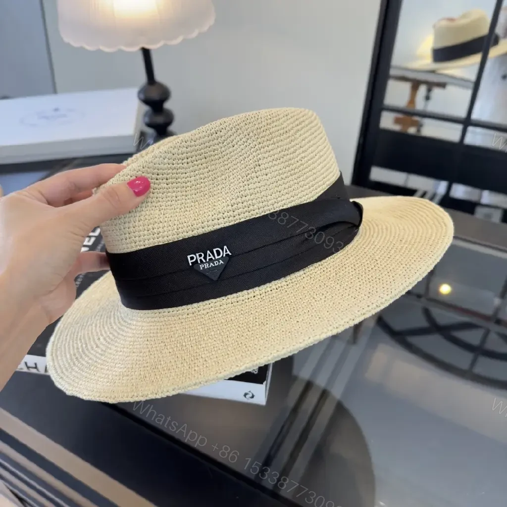 View 5 of Natural Beige Straw Panama Hat with Black Prada Band